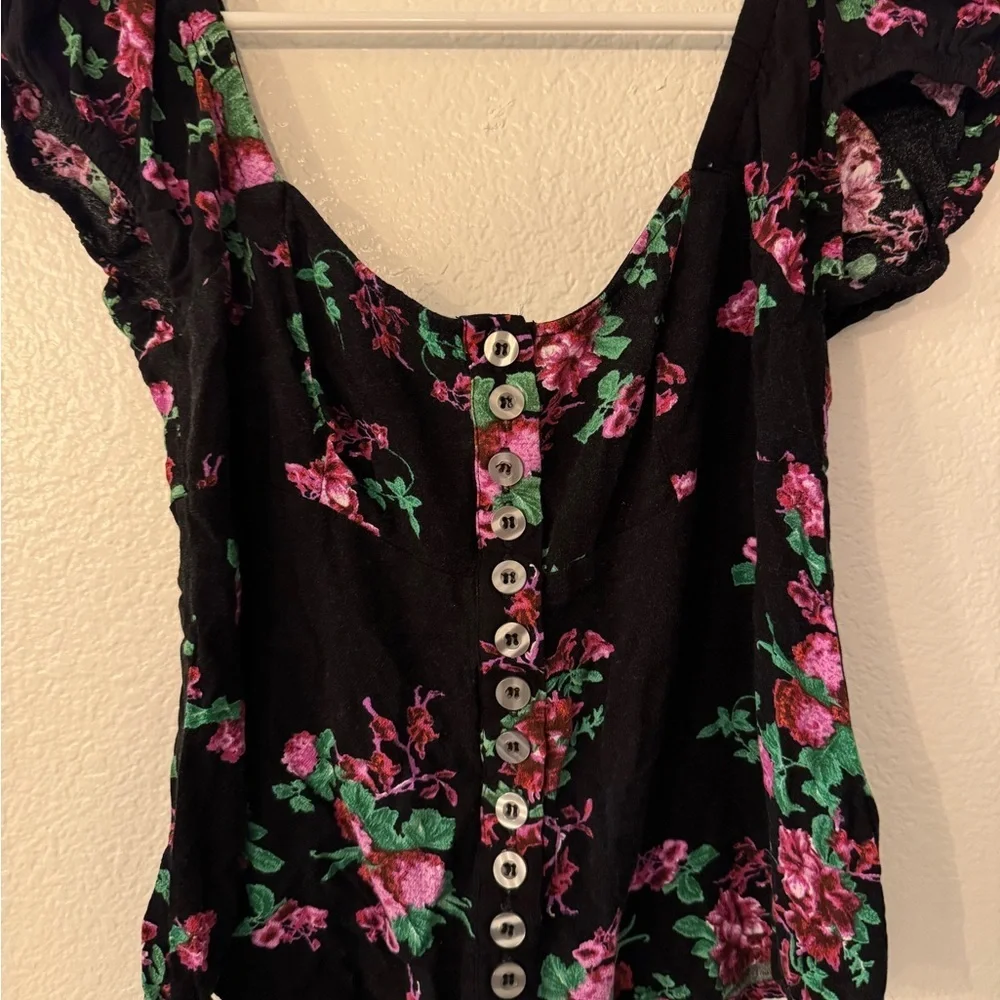 Free People Black Floral Blouse with Button Accents